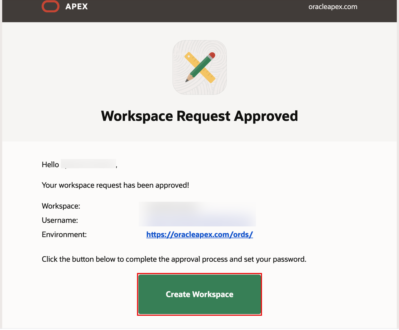 Oracle APEX 创建工作区邮件
