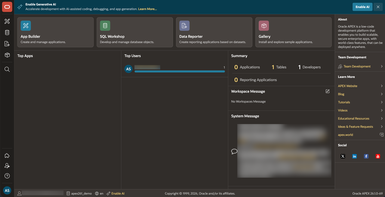 APEX Builder 主页