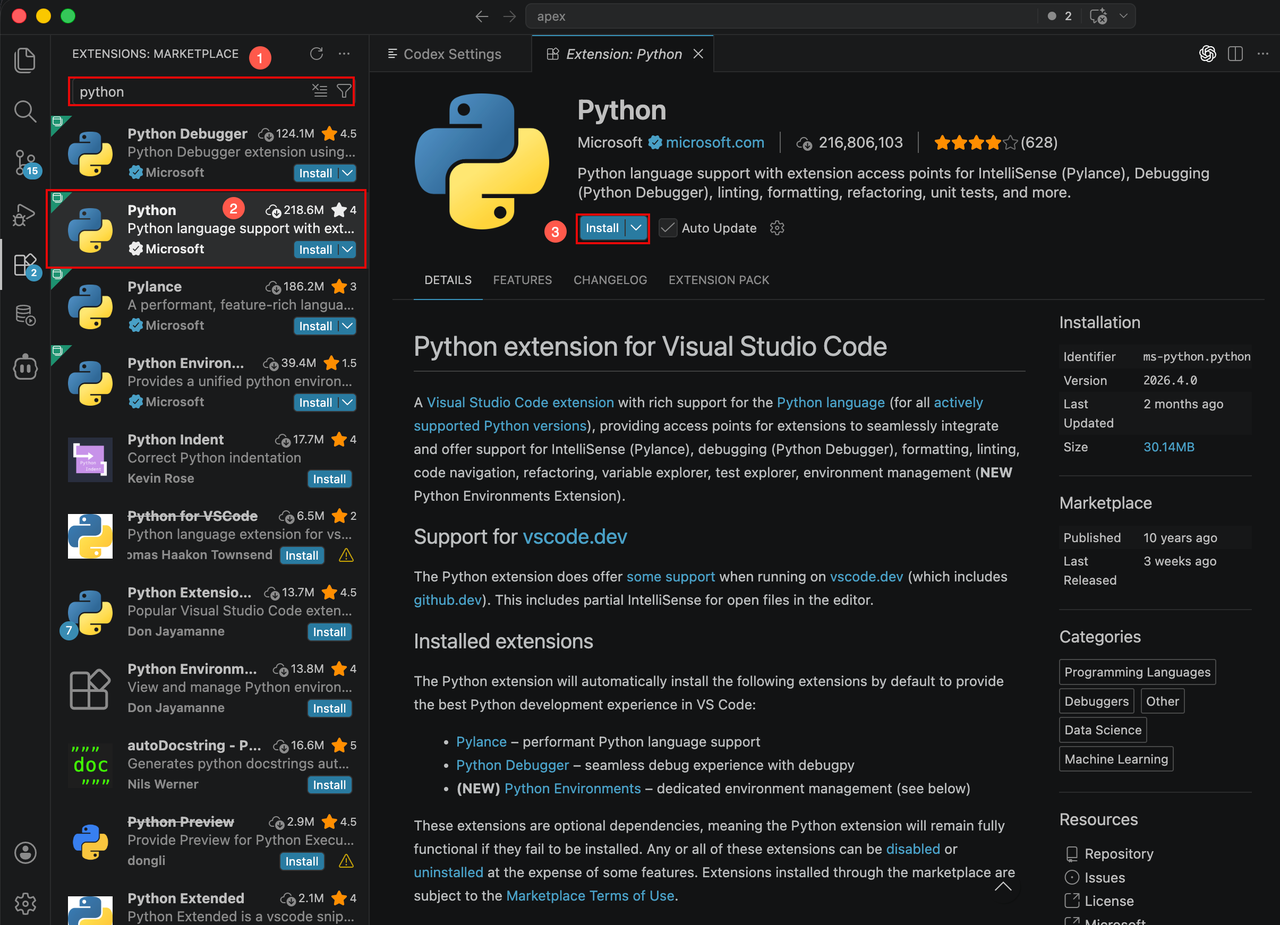 安装 Python 扩展